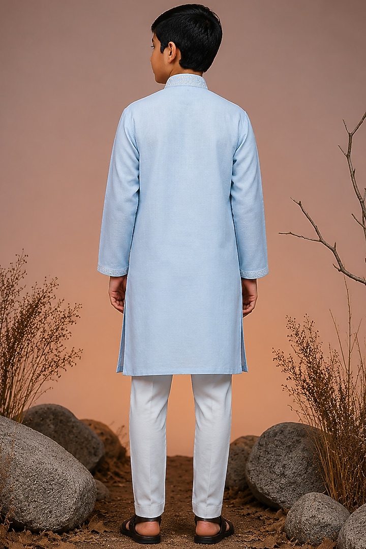 Blue Tussar Thread & Resham Work Kurta Set For Boys by Sammohan Kids at Pernia's Pop Up Shop