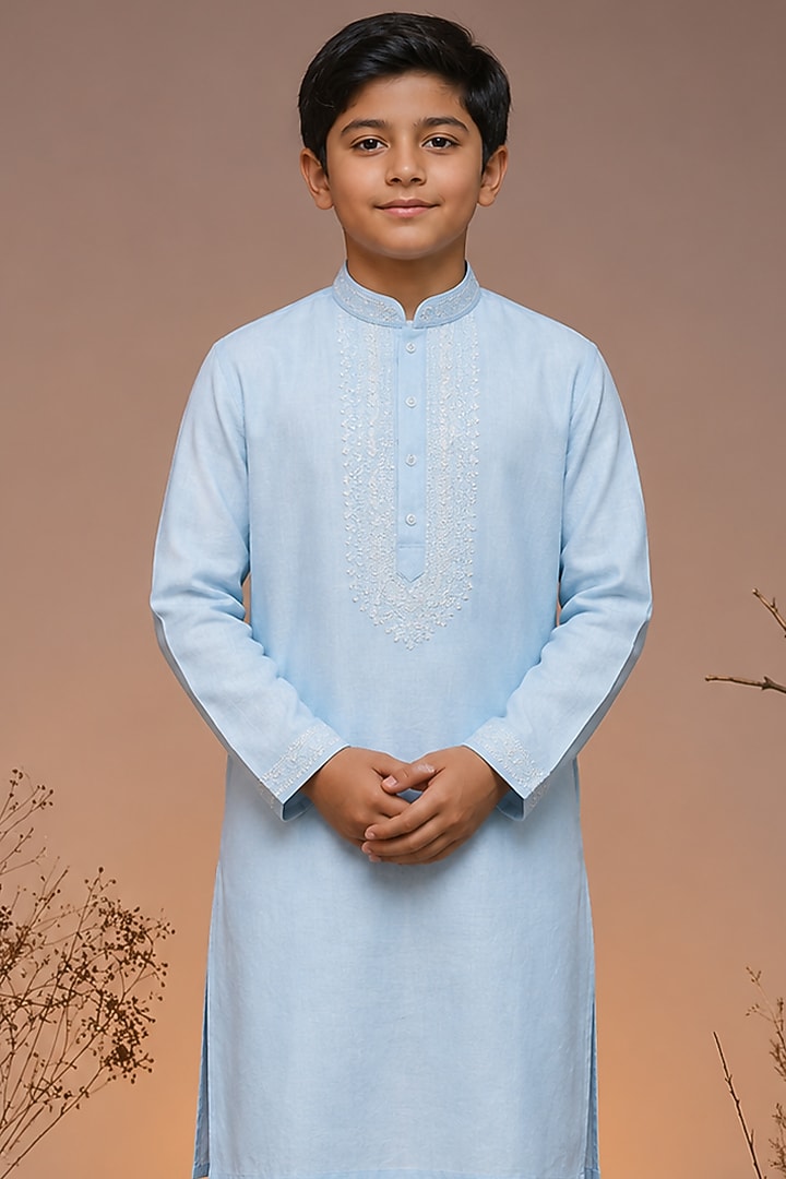 Blue Tussar Thread & Resham Work Kurta Set For Boys by Sammohan Kids at Pernia's Pop Up Shop