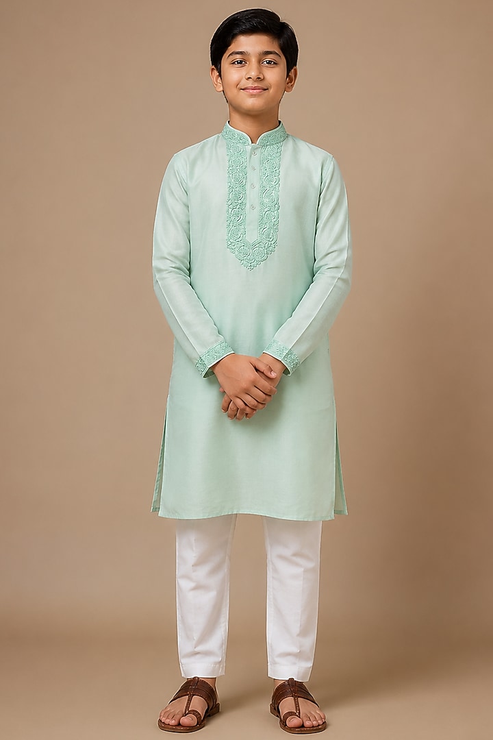 Blue Tussar Thread & Resham Work Kurta Set For Boys by Sammohan Kids at Pernia's Pop Up Shop