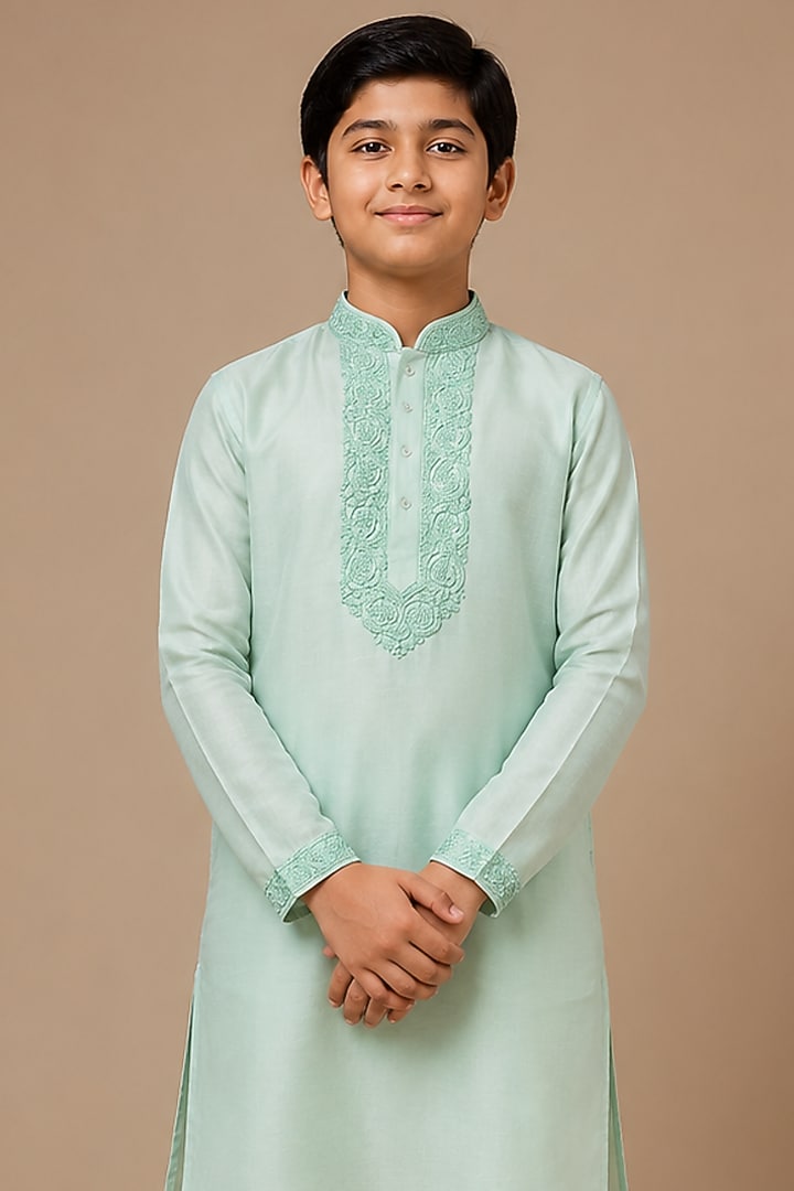 Blue Tussar Thread & Resham Work Kurta Set For Boys by Sammohan Kids at Pernia's Pop Up Shop