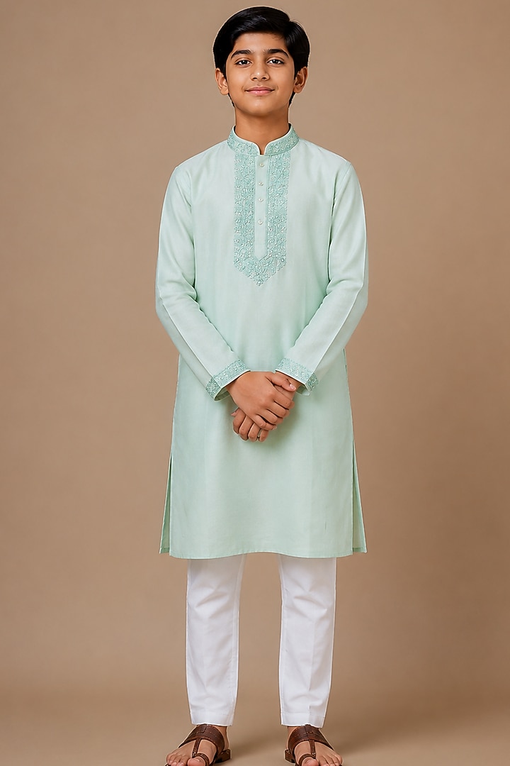 Blue Tussar Thread & Resham Work Kurta Set For Boys by Sammohan Kids at Pernia's Pop Up Shop