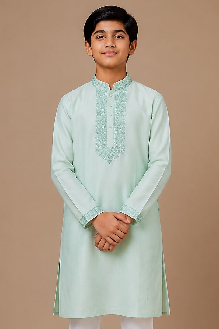 Blue Tussar Thread & Resham Work Kurta Set For Boys by Sammohan Kids at Pernia's Pop Up Shop