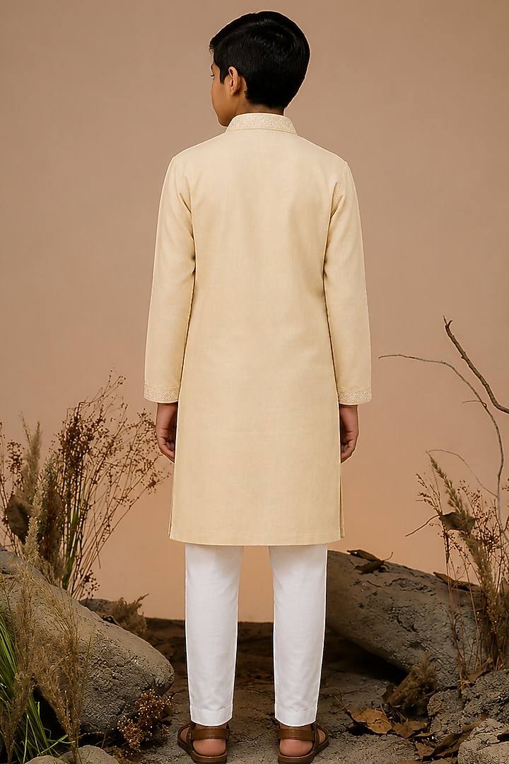 Beige Tussar Thread & Resham Work Kurta Set For Boys by Sammohan Kids at Pernia's Pop Up Shop