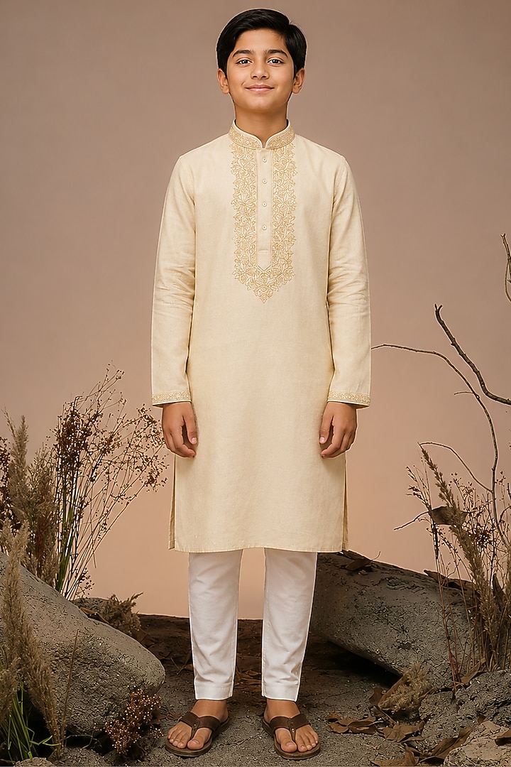Beige Tussar Thread & Resham Work Kurta Set For Boys by Sammohan Kids at Pernia's Pop Up Shop