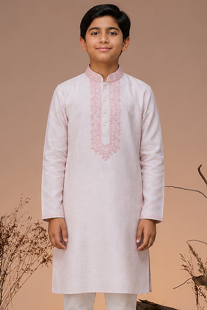 Pink Tussar Thread & Resham Work Kurta Set For Boys by Sammohan Kids at Pernia's Pop Up Shop