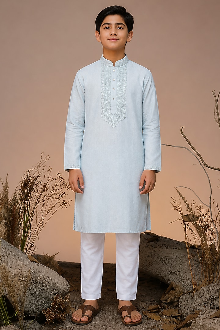 Blue Tussar Thread & Resham Work Kurta Set For Boys by Sammohan Kids at Pernia's Pop Up Shop