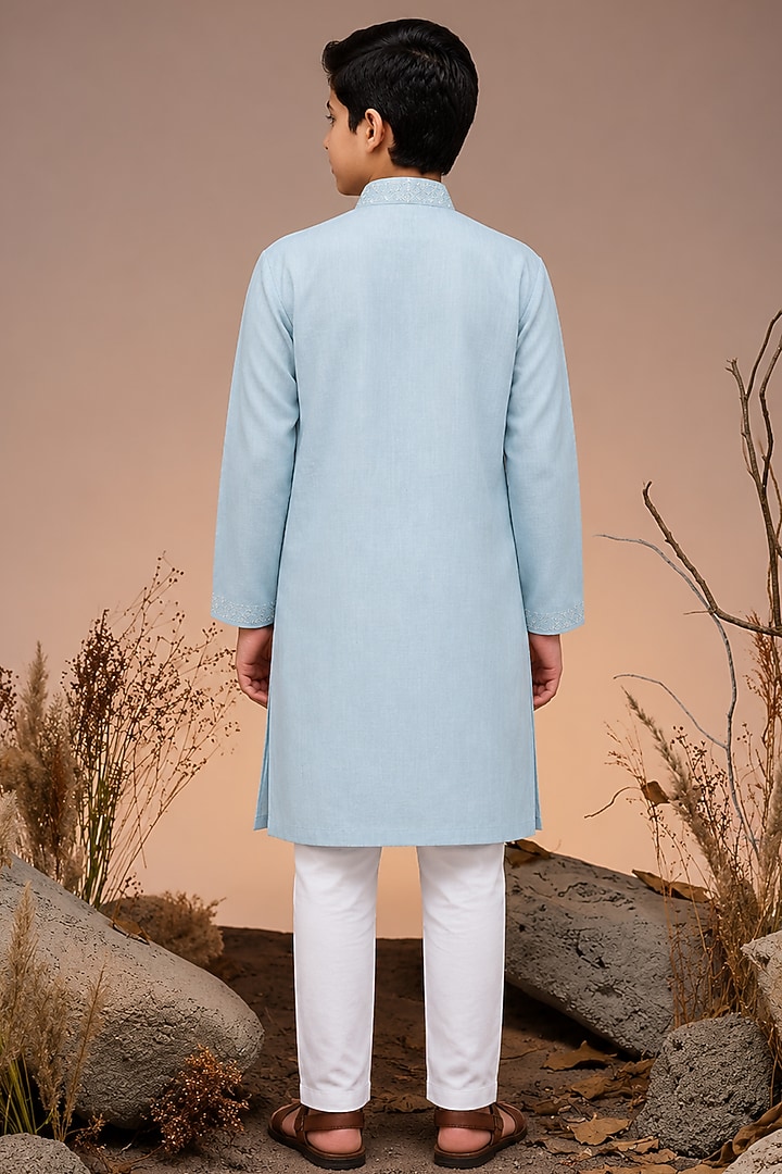 Blue Tussar Thread & Resham Work Kurta Set For Boys by Sammohan Kids at Pernia's Pop Up Shop