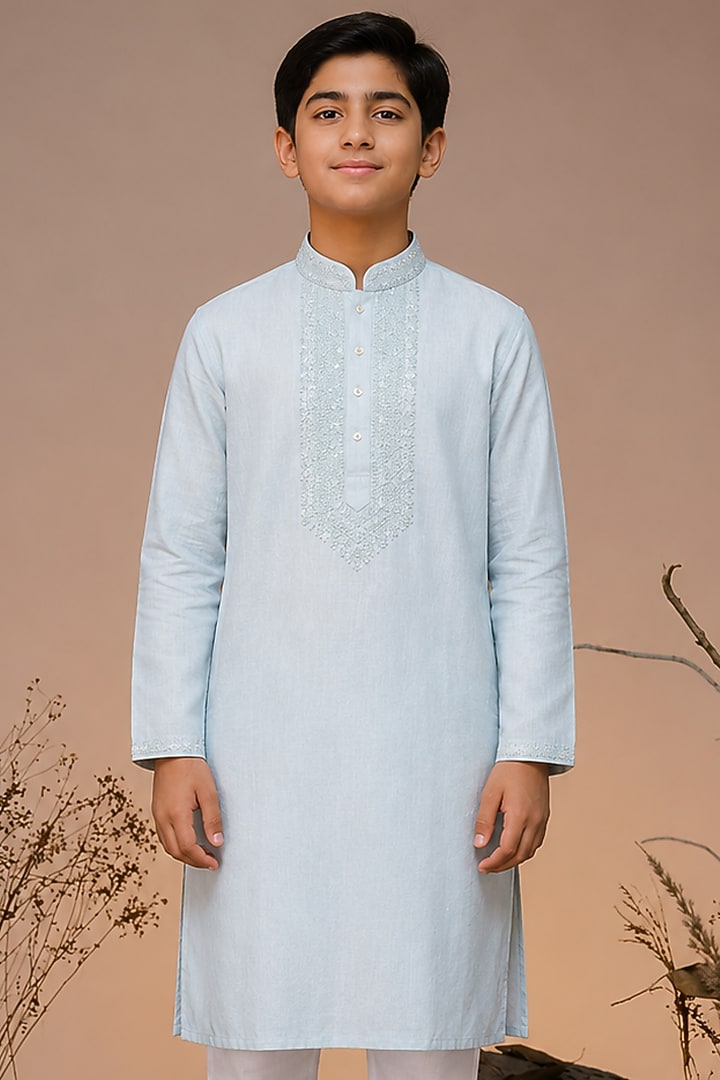 Blue Tussar Thread & Resham Work Kurta Set For Boys by Sammohan Kids at Pernia's Pop Up Shop