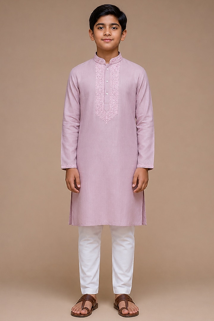Pink Tussar Thread & Resham Work Kurta Set For Boys by Sammohan Kids at Pernia's Pop Up Shop