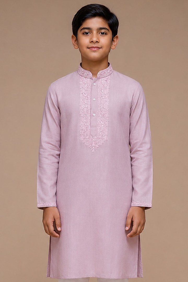 Pink Tussar Thread & Resham Work Kurta Set For Boys by Sammohan Kids at Pernia's Pop Up Shop