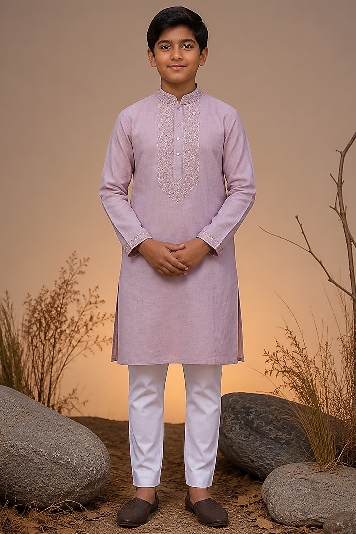 Pink Tussar Thread & Resham Work Kurta Set For Boys by Sammohan Kids at Pernia's Pop Up Shop