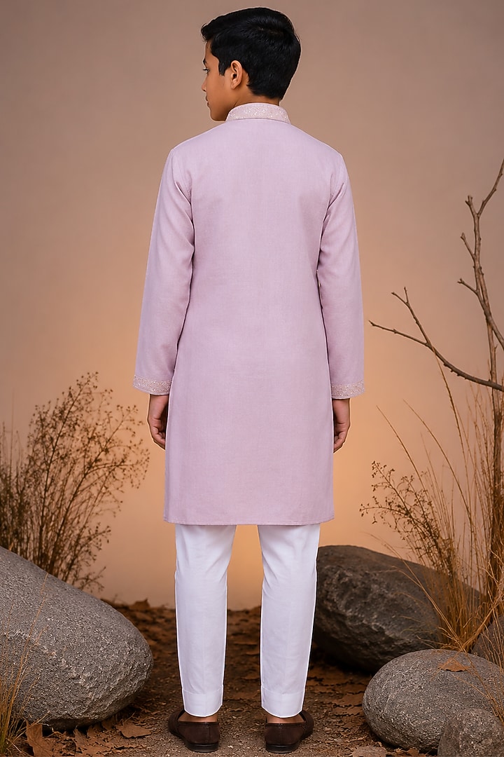 Pink Tussar Thread & Resham Work Kurta Set For Boys by Sammohan Kids at Pernia's Pop Up Shop