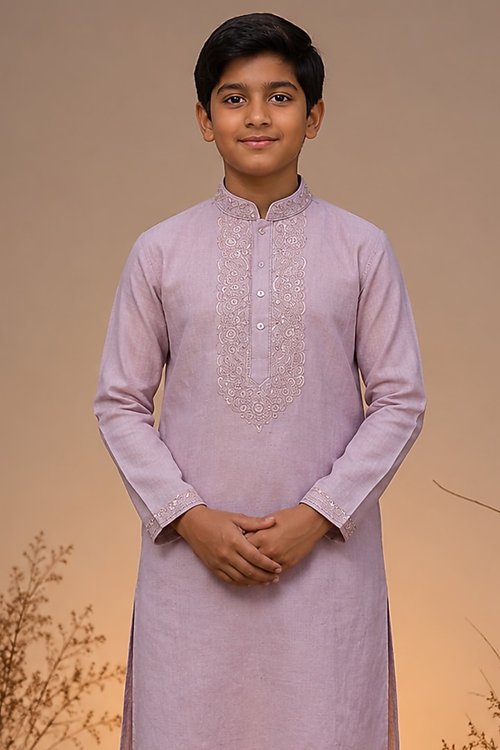 Pink Tussar Thread & Resham Work Kurta Set For Boys by Sammohan Kids at Pernia's Pop Up Shop