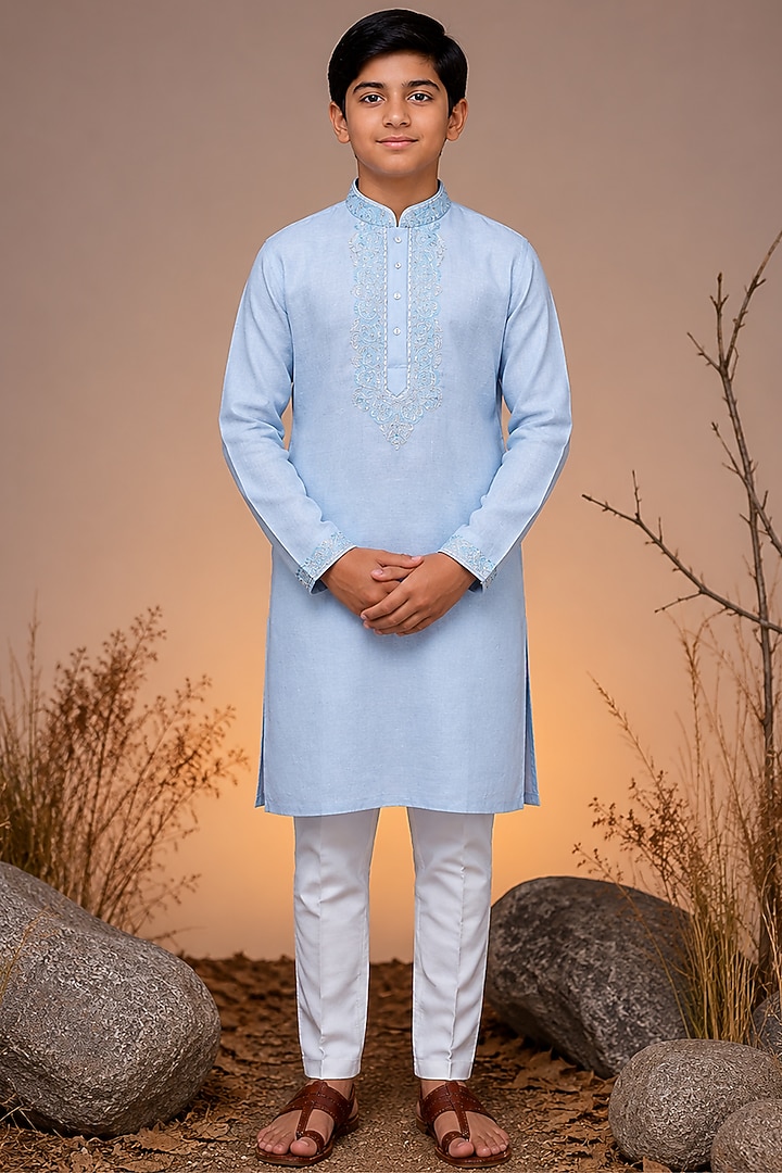 Blue Tussar Thread & Resham Work Kurta Set For Boys by Sammohan Kids at Pernia's Pop Up Shop