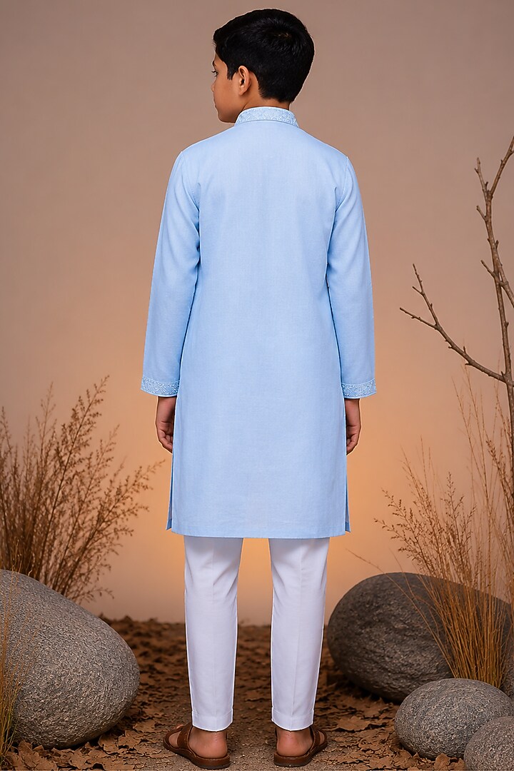 Blue Tussar Thread & Resham Work Kurta Set For Boys by Sammohan Kids at Pernia's Pop Up Shop