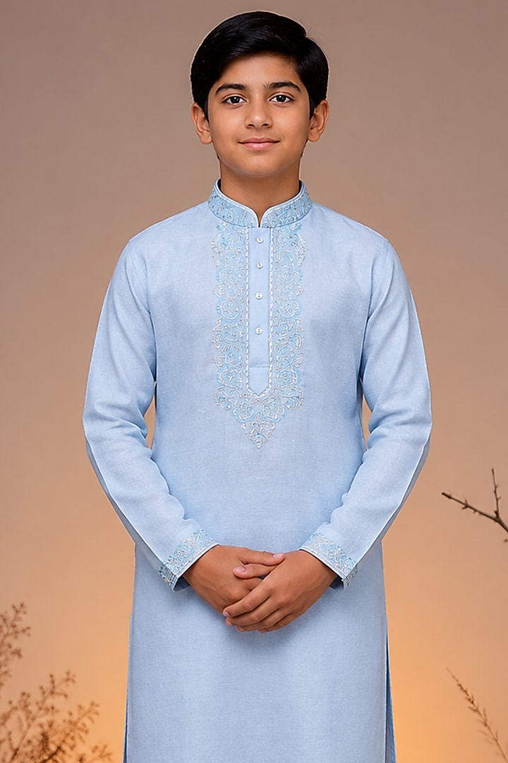 Blue Tussar Thread & Resham Work Kurta Set For Boys by Sammohan Kids at Pernia's Pop Up Shop