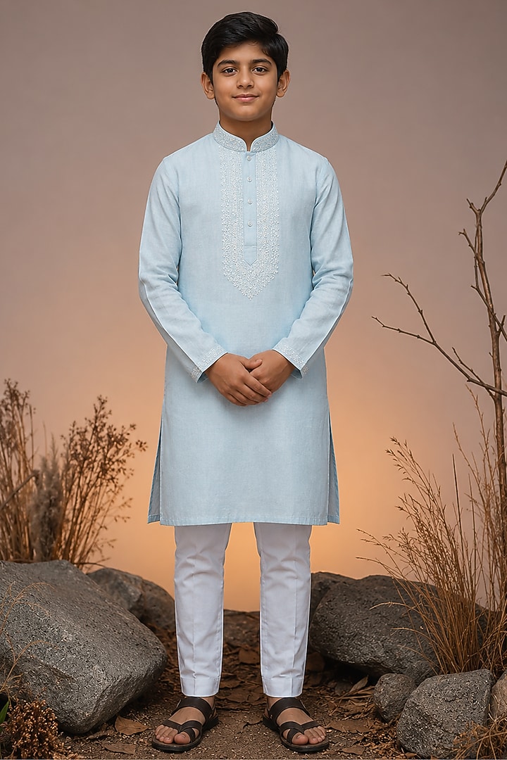 Blue Tussar Thread & Resham Work Kurta Set For Boys by Sammohan Kids at Pernia's Pop Up Shop