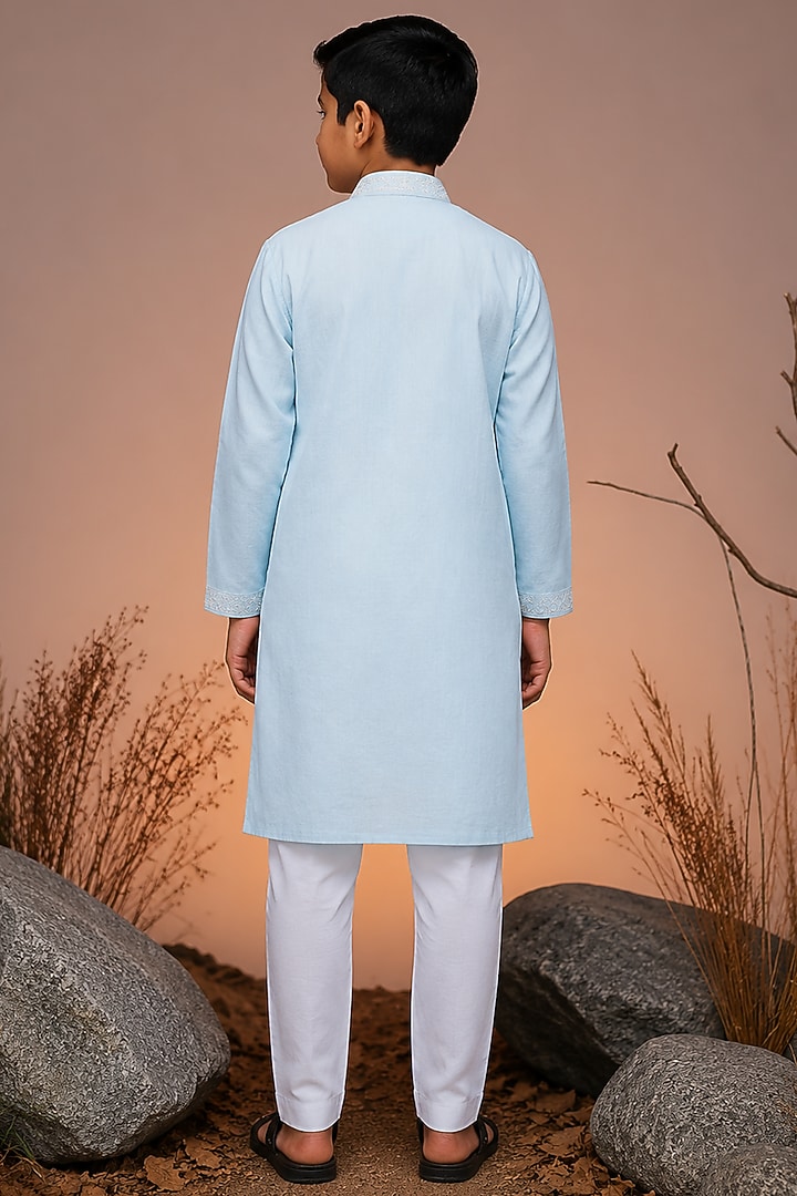 Blue Tussar Thread & Resham Work Kurta Set For Boys by Sammohan Kids at Pernia's Pop Up Shop