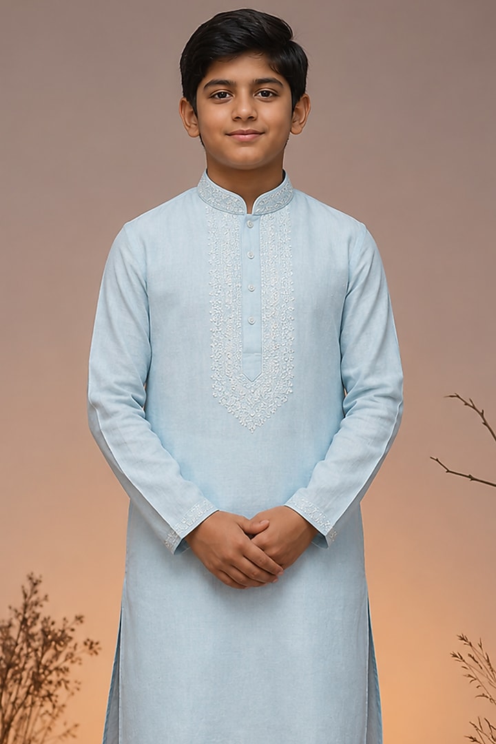 Blue Tussar Thread & Resham Work Kurta Set For Boys by Sammohan Kids at Pernia's Pop Up Shop