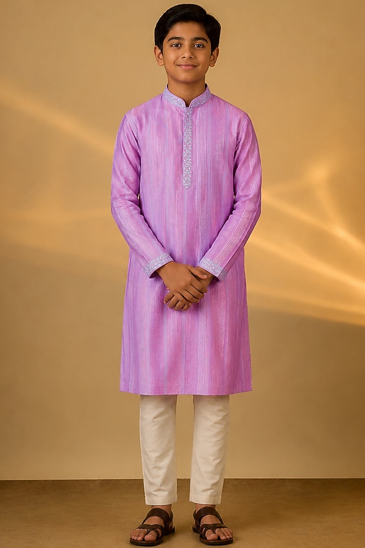 Purple Tussar Thread & Resham Work Kurta Set For Boys by Sammohan Kids at Pernia's Pop Up Shop
