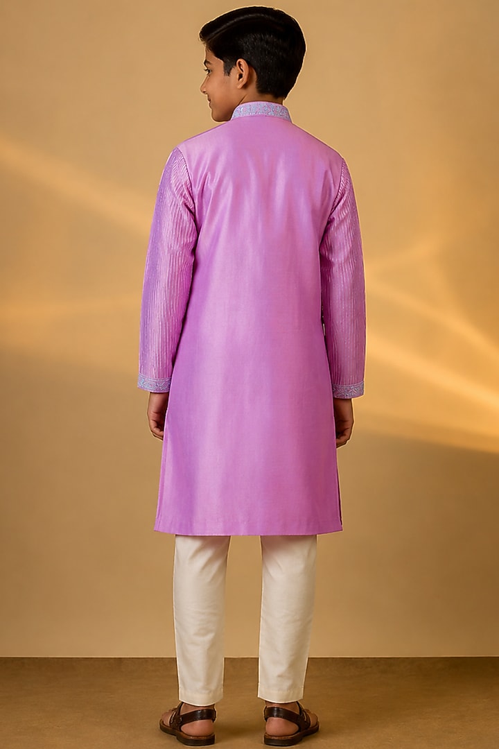 Purple Tussar Thread & Resham Work Kurta Set For Boys by Sammohan Kids at Pernia's Pop Up Shop