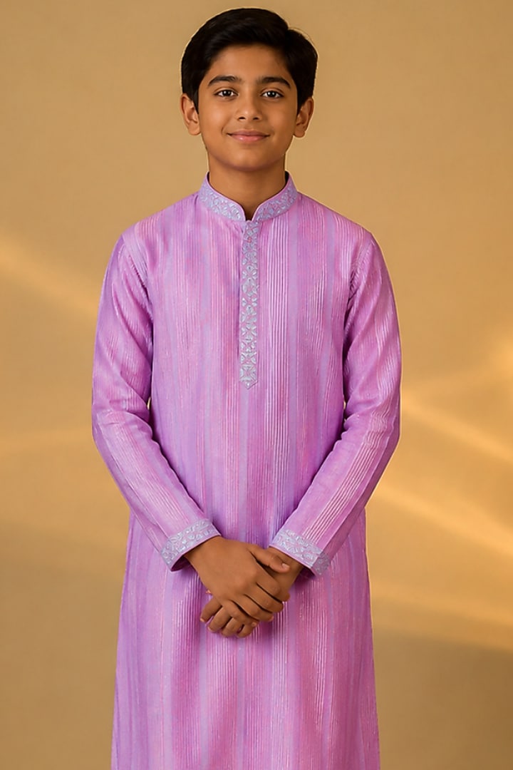 Purple Tussar Thread & Resham Work Kurta Set For Boys by Sammohan Kids at Pernia's Pop Up Shop