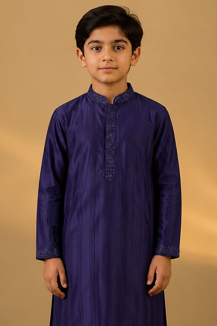 Blue Tussar Thread & Resham Work Kurta Set For Boys by Sammohan Kids at Pernia's Pop Up Shop