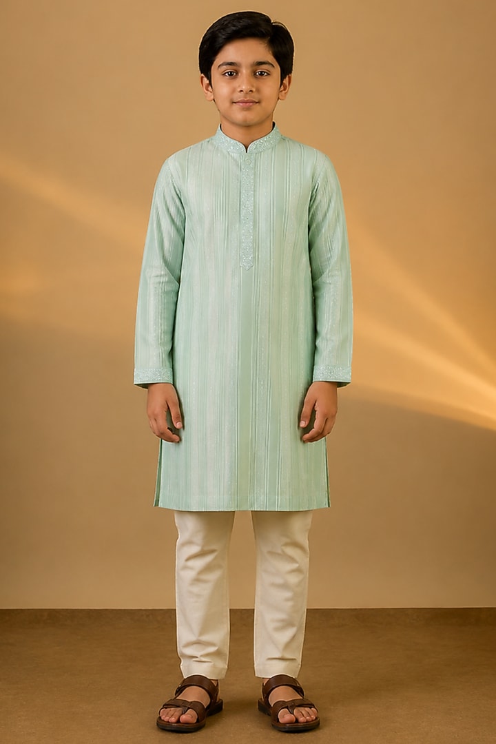 Blue Tussar Resham & Thread Embroidered Kurta Set For Boys by Sammohan Kids at Pernia's Pop Up Shop