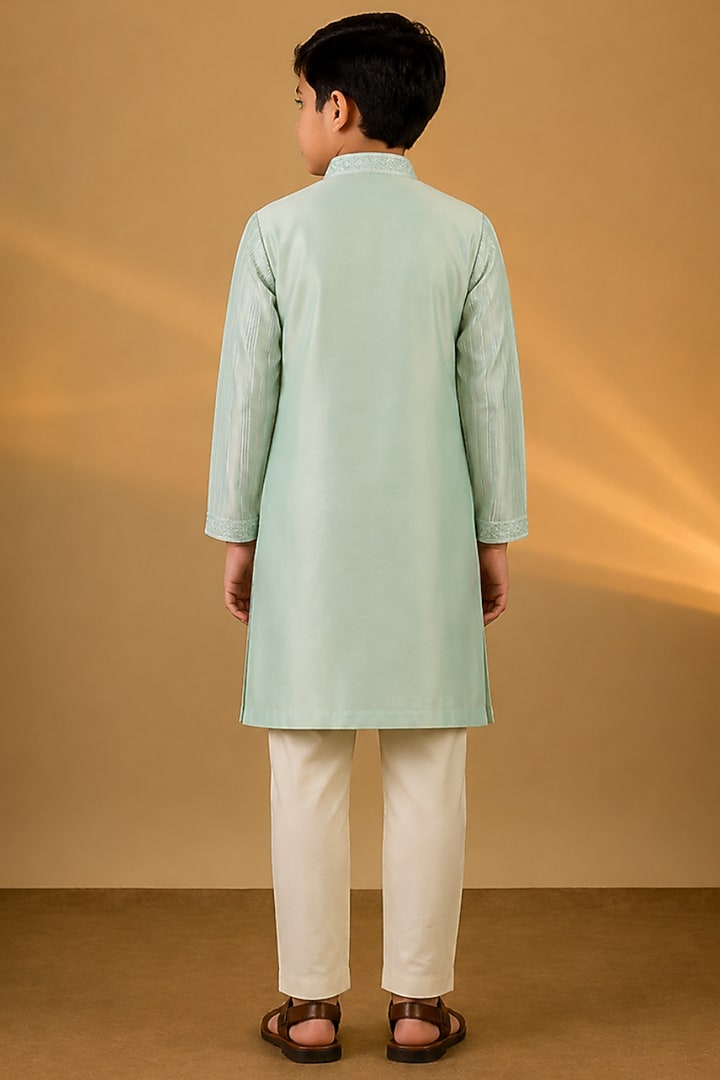 Blue Tussar Resham & Thread Embroidered Kurta Set For Boys by Sammohan Kids at Pernia's Pop Up Shop