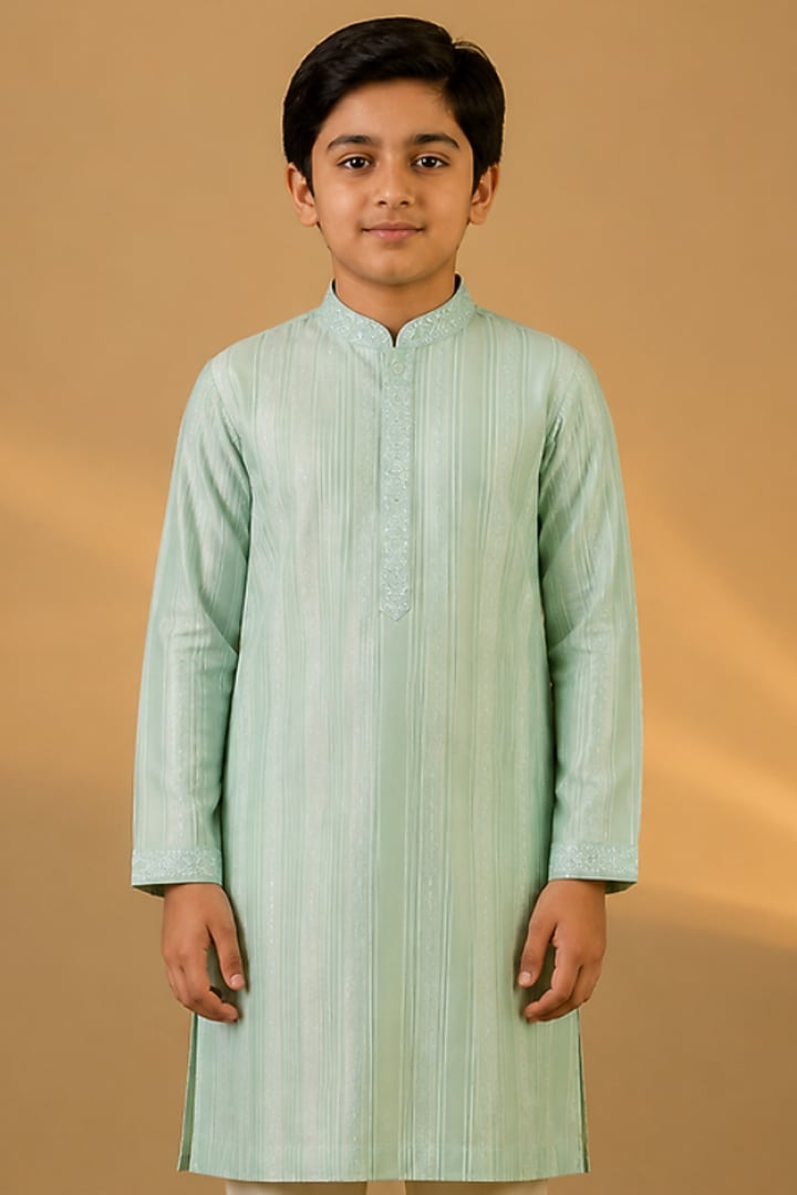 Blue Tussar Resham & Thread Embroidered Kurta Set For Boys by Sammohan Kids at Pernia's Pop Up Shop