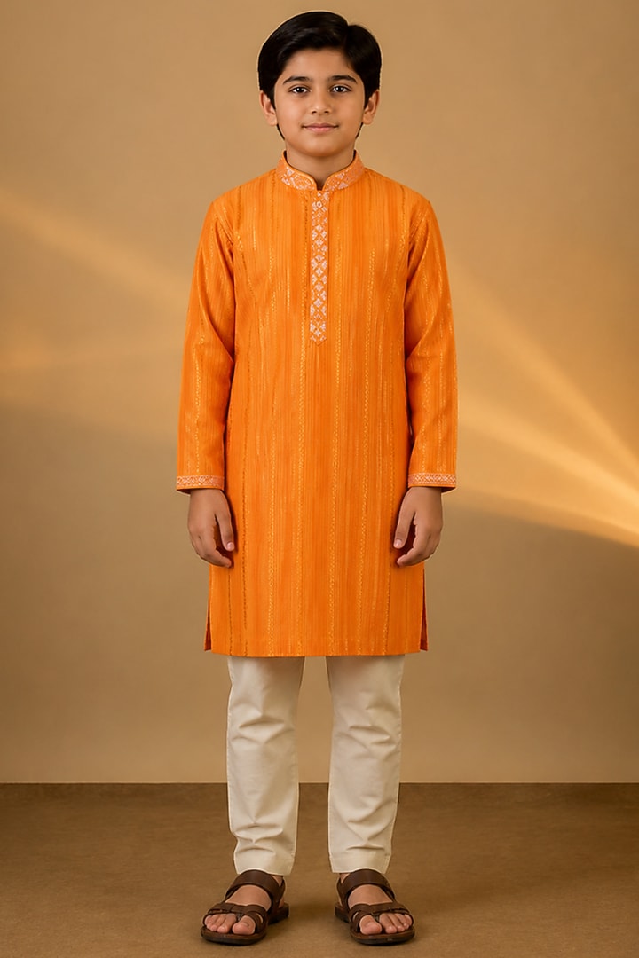 Orange Tussar Resham & Thread Embroidered Kurta Set For Boys by Sammohan Kids at Pernia's Pop Up Shop