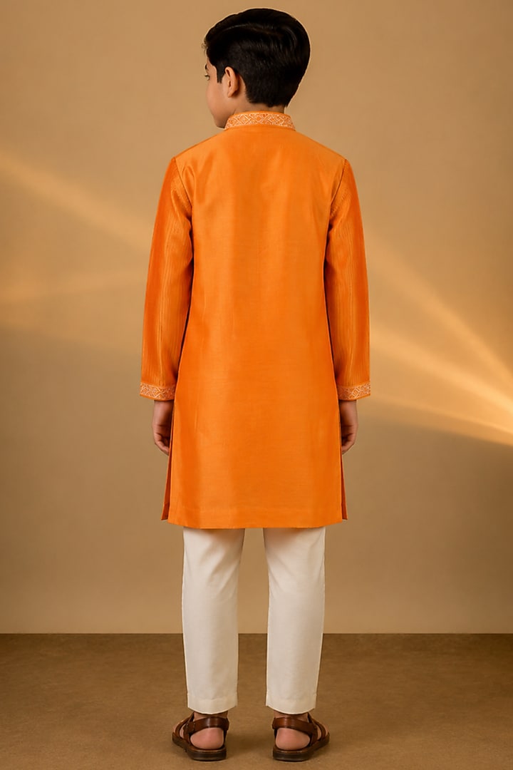 Orange Tussar Resham & Thread Embroidered Kurta Set For Boys by Sammohan Kids at Pernia's Pop Up Shop