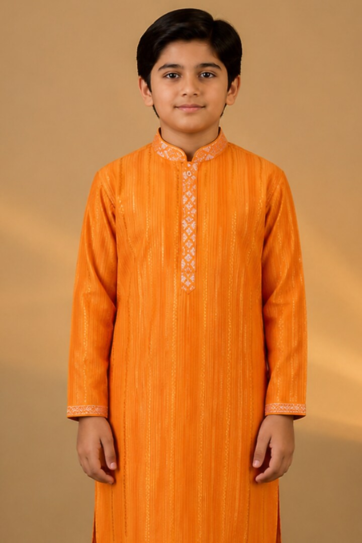 Orange Tussar Resham & Thread Embroidered Kurta Set For Boys by Sammohan Kids at Pernia's Pop Up Shop