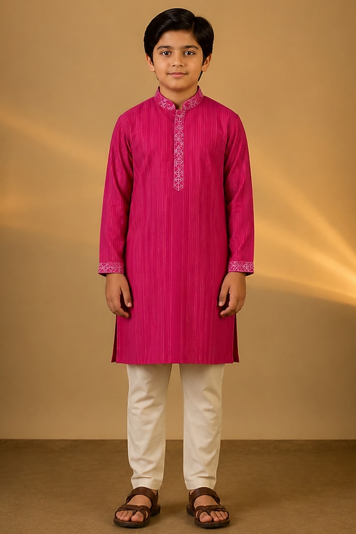 Pink Tussar Resham & Thread Embroidered Kurta Set For Boys by Sammohan Kids at Pernia's Pop Up Shop