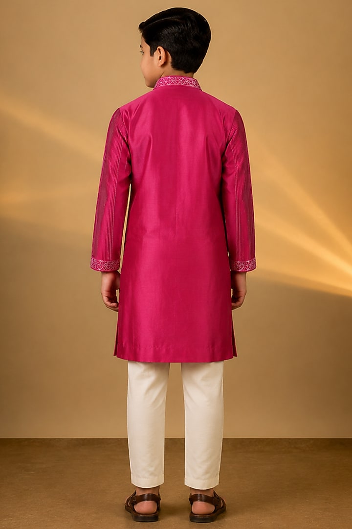 Pink Tussar Resham & Thread Embroidered Kurta Set For Boys by Sammohan Kids at Pernia's Pop Up Shop