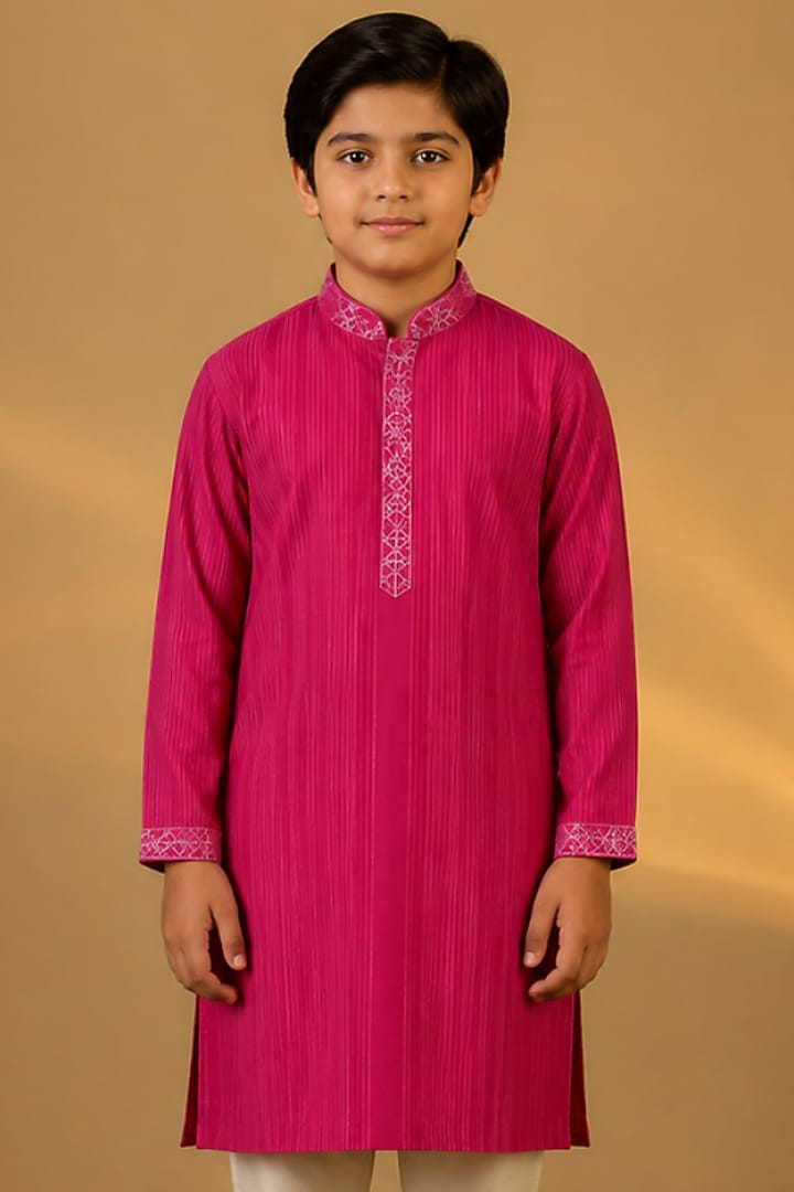 Pink Tussar Resham & Thread Embroidered Kurta Set For Boys by Sammohan Kids at Pernia's Pop Up Shop