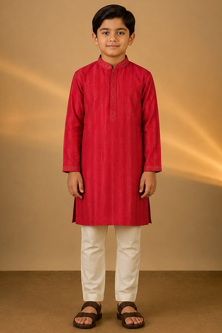 Red Tussar Resham & Thread Embroidered Kurta Set For Boys by Sammohan Kids at Pernia's Pop Up Shop
