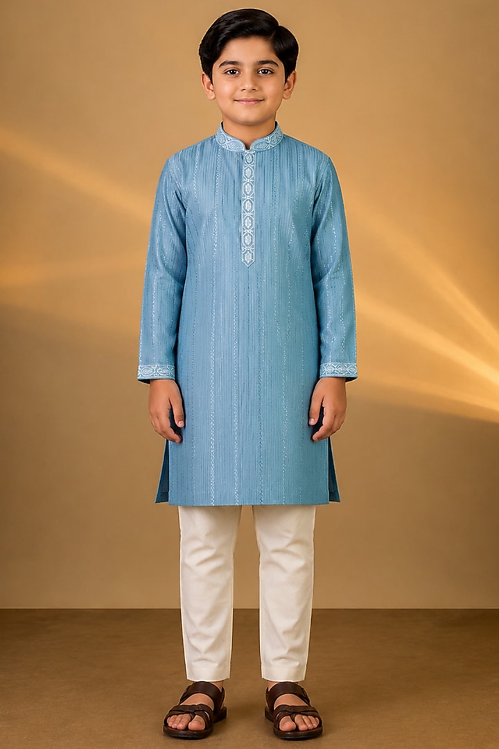 Blue Tussar Resham & Thread Embroidered Kurta Set For Boys by Sammohan Kids at Pernia's Pop Up Shop