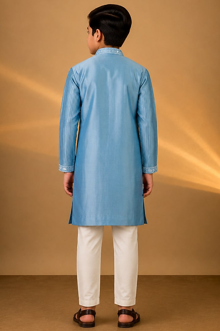 Blue Tussar Resham & Thread Embroidered Kurta Set For Boys by Sammohan Kids at Pernia's Pop Up Shop