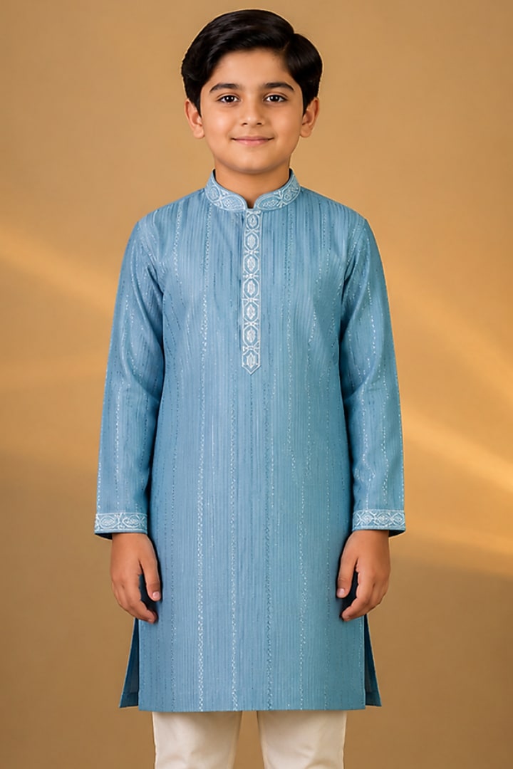 Blue Tussar Resham & Thread Embroidered Kurta Set For Boys by Sammohan Kids at Pernia's Pop Up Shop