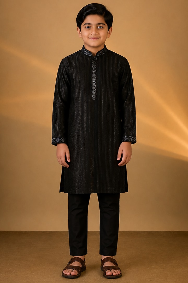 Black Tussar Resham & Thread Embroidered Kurta Set For Boys by Sammohan Kids at Pernia's Pop Up Shop