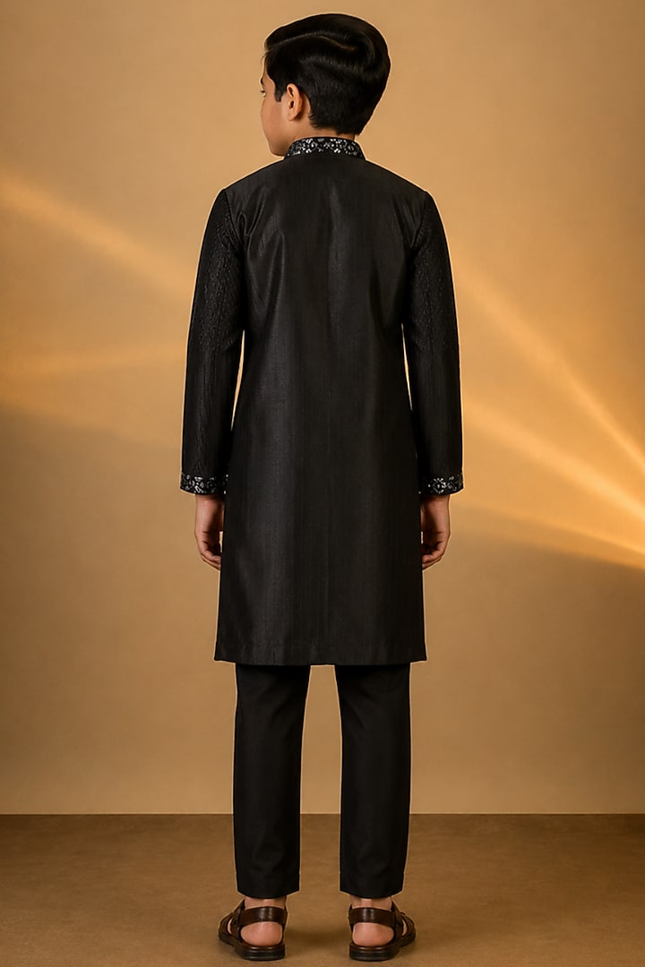 Black Tussar Resham & Thread Embroidered Kurta Set For Boys by Sammohan Kids at Pernia's Pop Up Shop