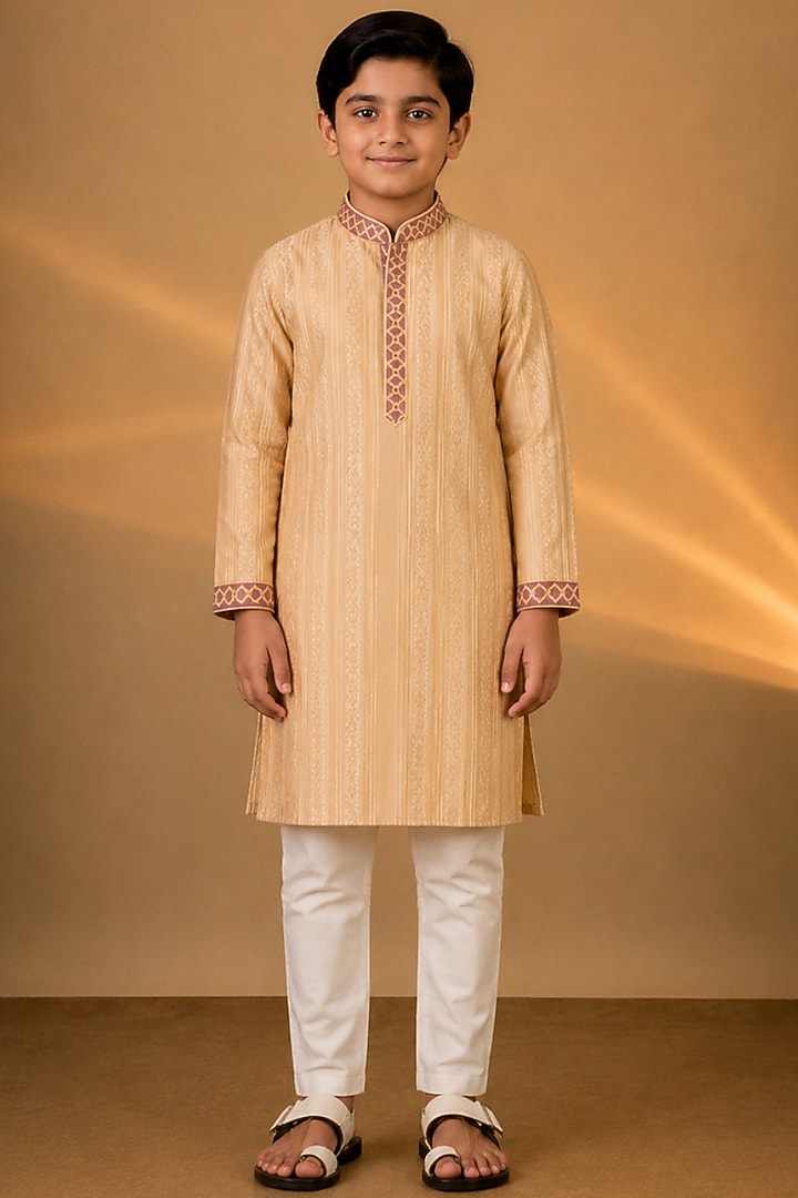 Beige Tussar Resham & Thread Embroidered Kurta Set For Boys by Sammohan Kids at Pernia's Pop Up Shop