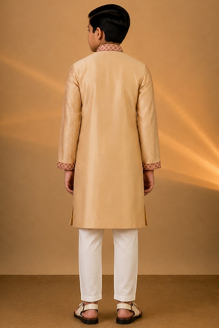 Beige Tussar Resham & Thread Embroidered Kurta Set For Boys by Sammohan Kids at Pernia's Pop Up Shop