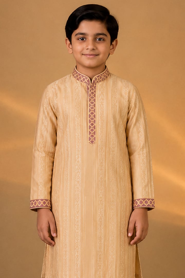 Beige Tussar Resham & Thread Embroidered Kurta Set For Boys by Sammohan Kids at Pernia's Pop Up Shop