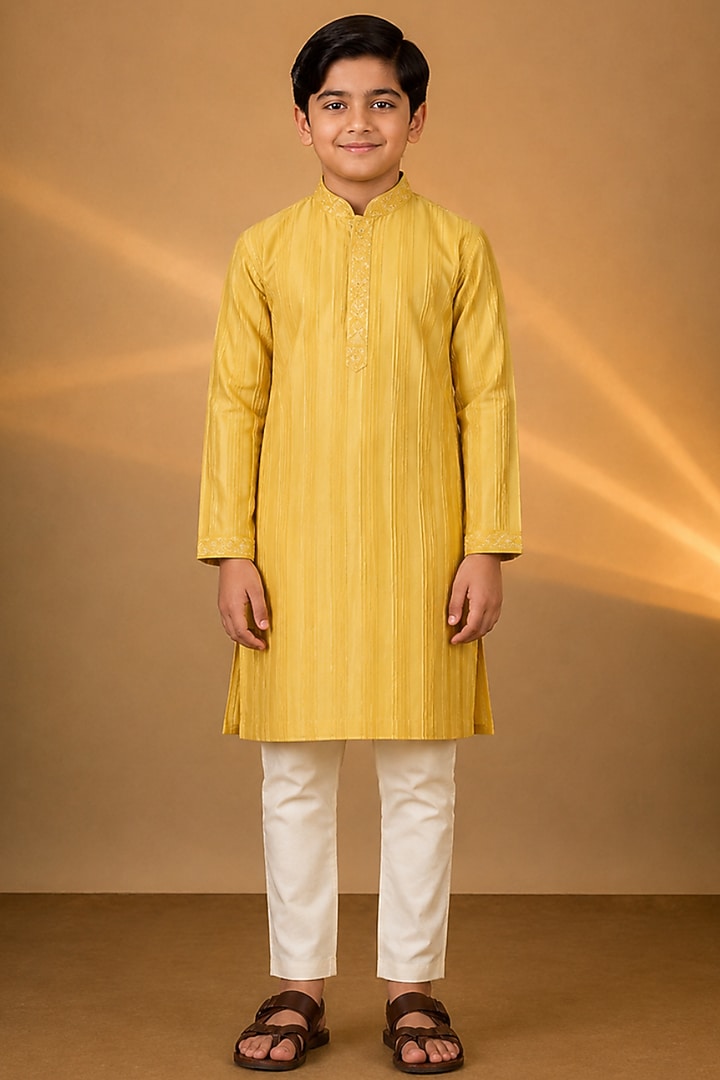 Yellow Tussar Resham & Thread Embroidered Kurta Set For Boys by Sammohan Kids at Pernia's Pop Up Shop