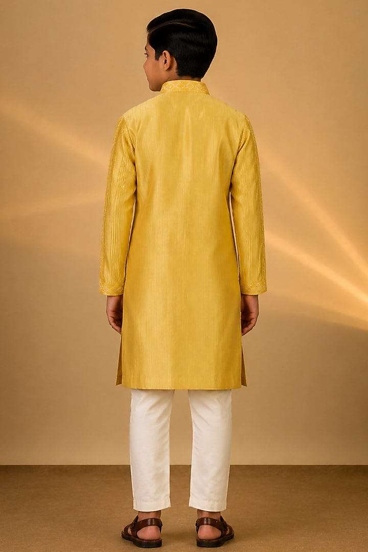 Yellow Tussar Resham & Thread Embroidered Kurta Set For Boys by Sammohan Kids at Pernia's Pop Up Shop