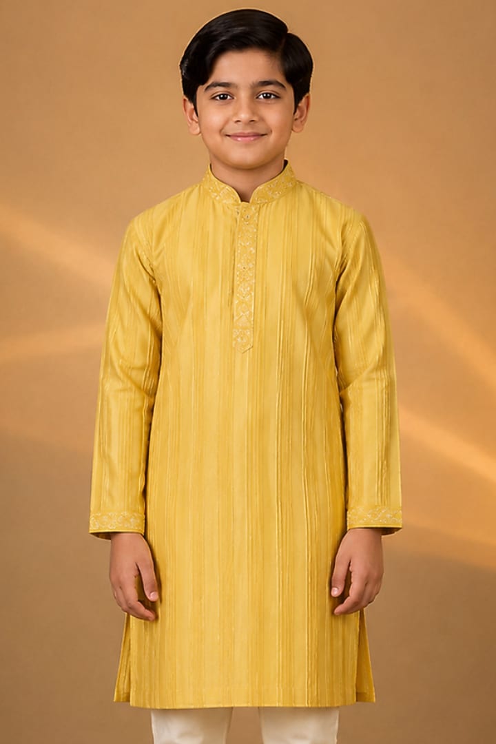 Yellow Tussar Resham & Thread Embroidered Kurta Set For Boys by Sammohan Kids at Pernia's Pop Up Shop