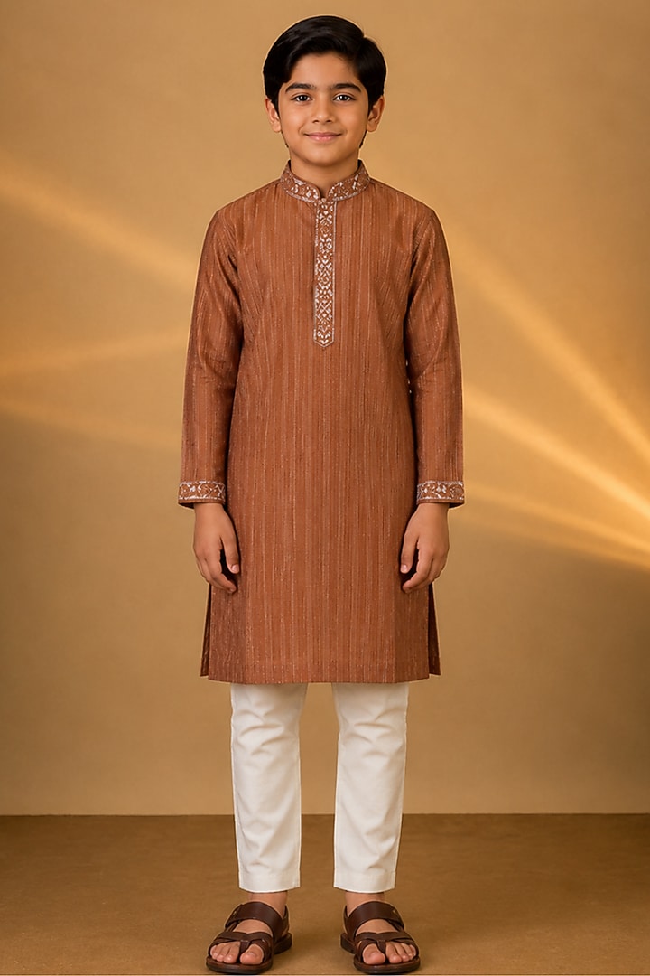 Beige Tussar Resham & Thread Embroidered Kurta Set For Boys by Sammohan Kids at Pernia's Pop Up Shop