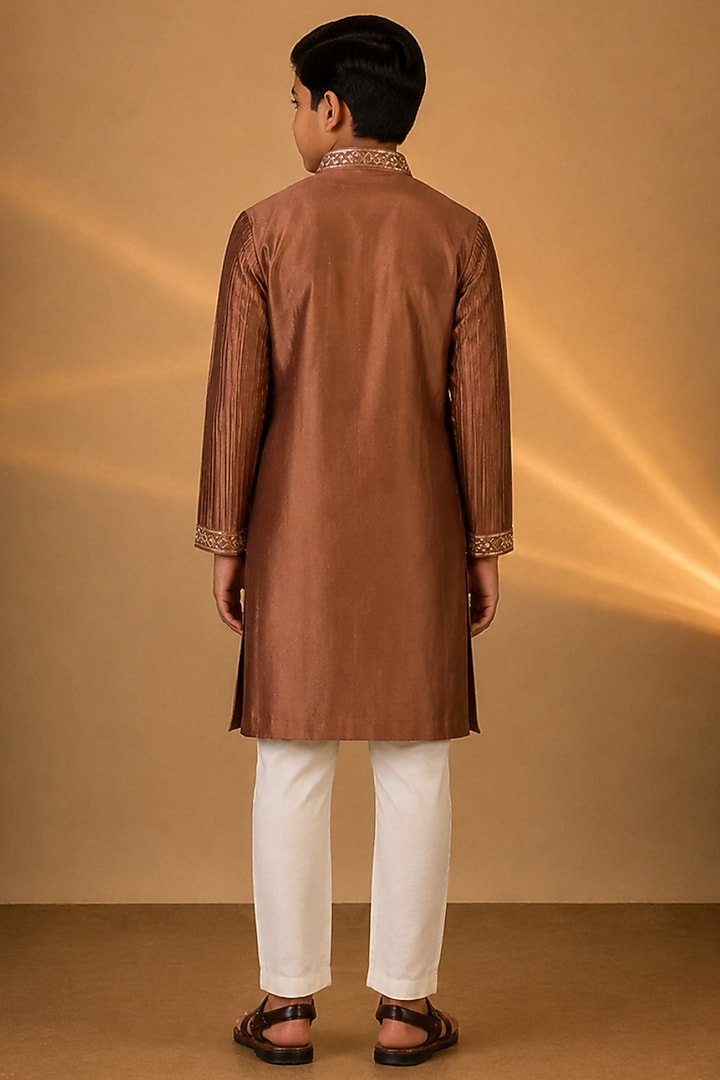 Beige Tussar Resham & Thread Embroidered Kurta Set For Boys by Sammohan Kids at Pernia's Pop Up Shop